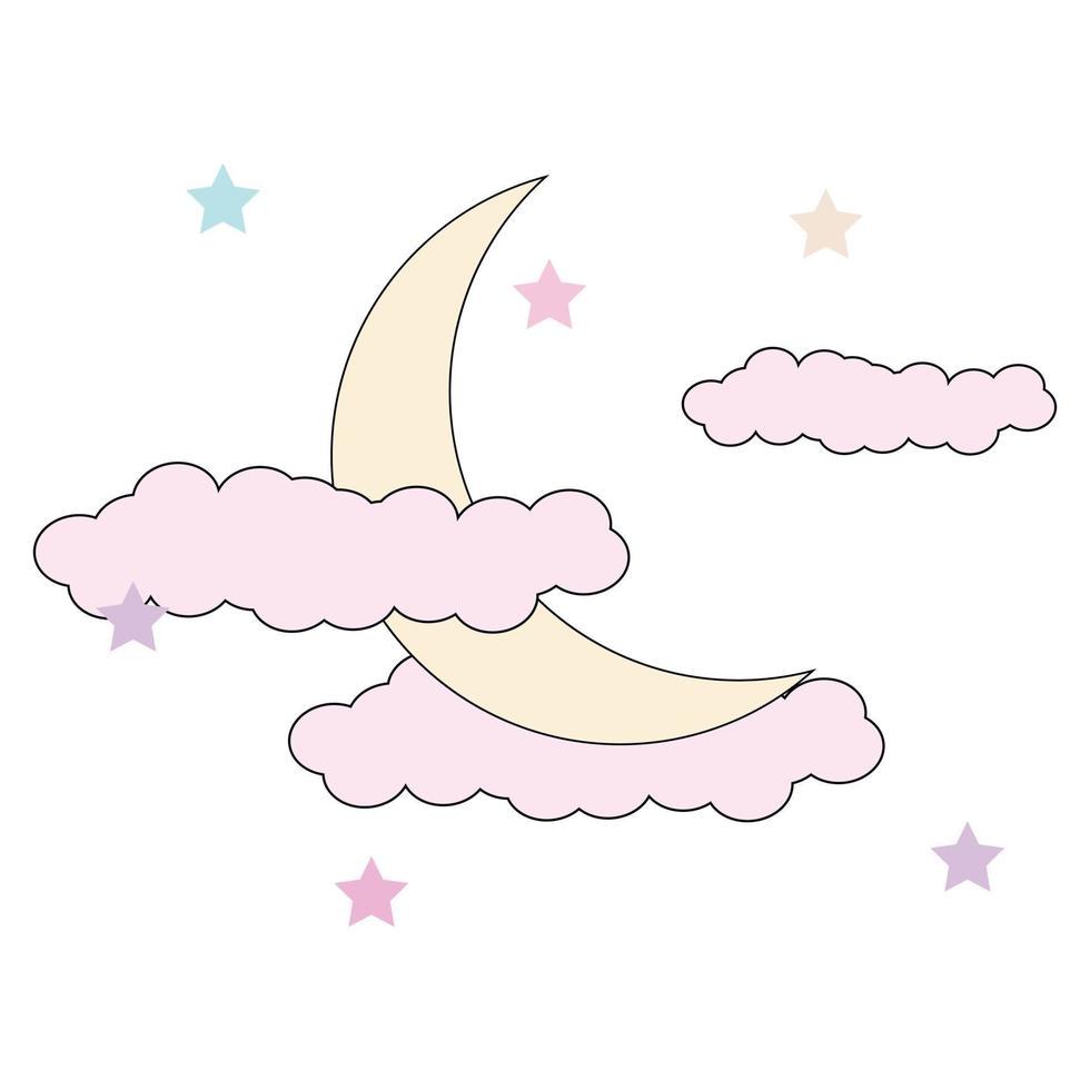 Mystical Night sky background with half moon, clouds and stars. Moonlight night. Vector illustration