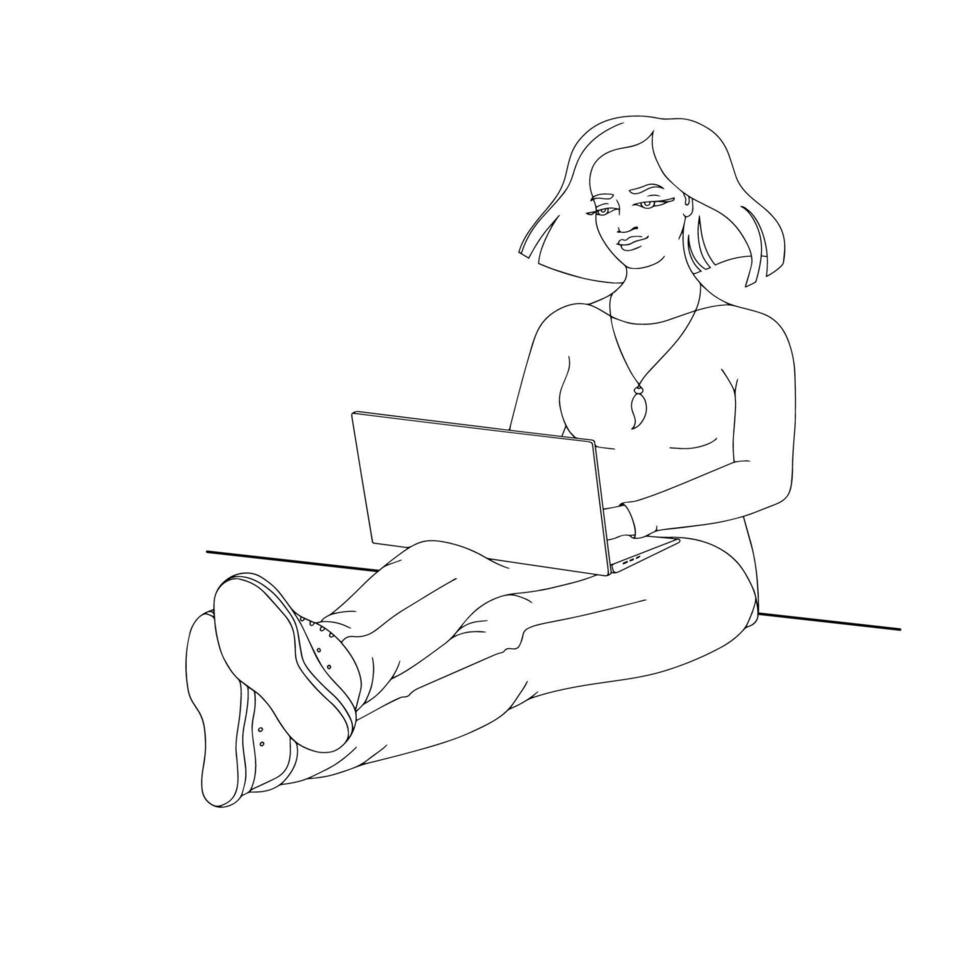 Young woman is sitting and holding laptop. Vector illustration.