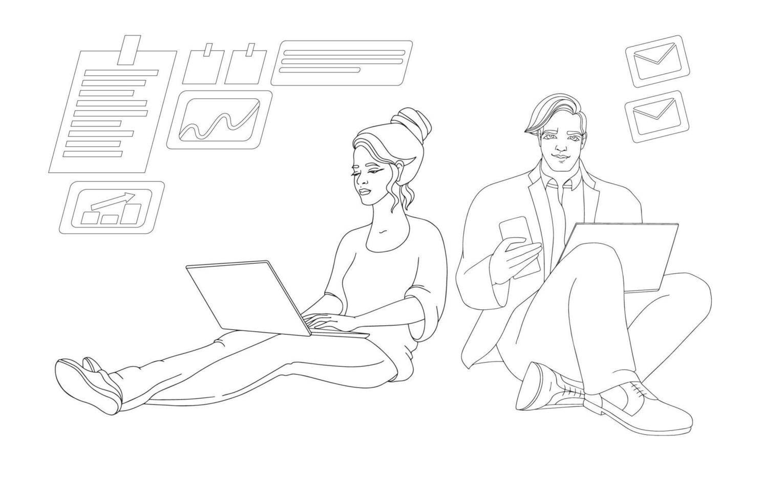 Young man and woman are sitting, learn, communicate. Outline vector. vector