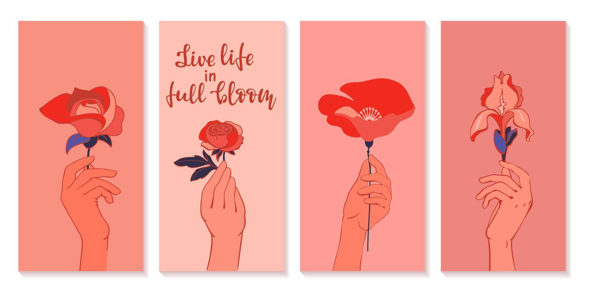 Female hands holding beautiful flowers. Live life in full bloom. vector