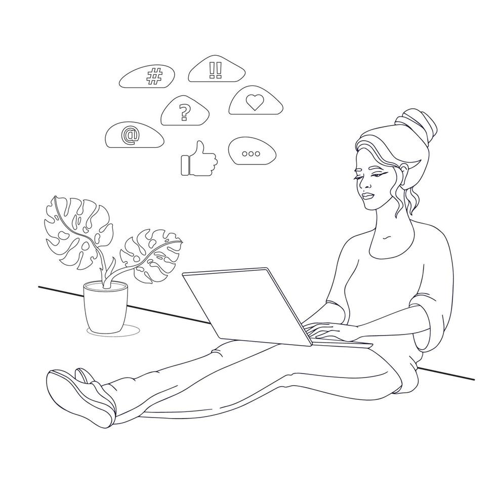 The young woman with laptop. Sitting, reading. Vector flat illustration.