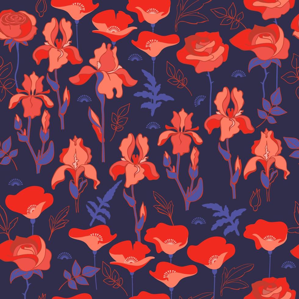 Seamless pattern with irises, roses and poppies. Vector. vector