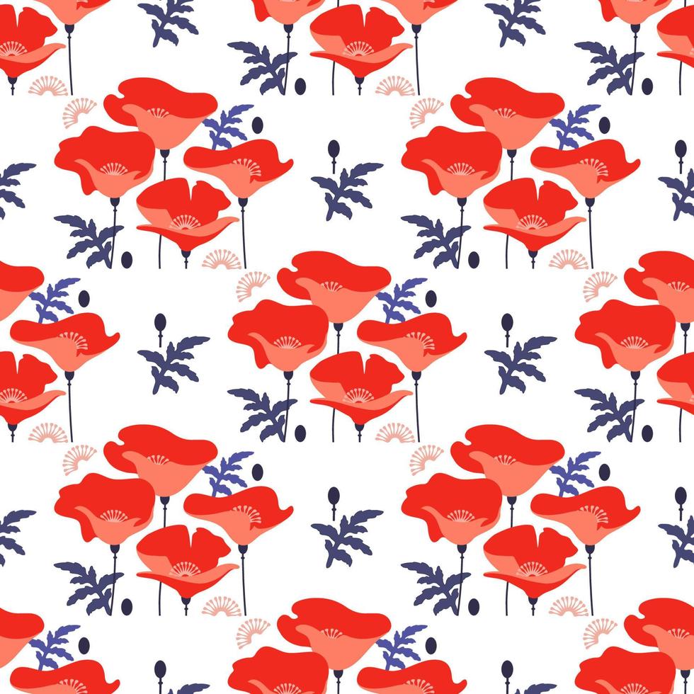 Red flowers on white background. Seamless pattern with poppies. Vector. vector