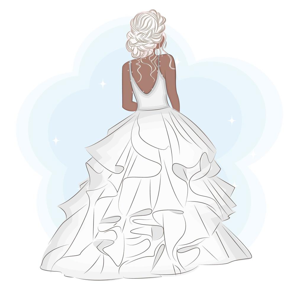 hermosa novia en un magnífico vestido de novia, ilustración de vectores de moda de boda, invitación, postal