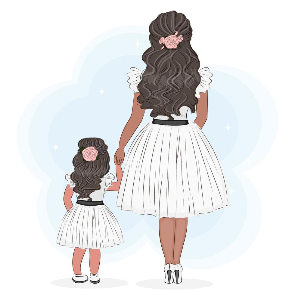 Mother and child, little daughter walking with mom, cute illustration of mother's love, vector illustration of mom, greeting card, textile print