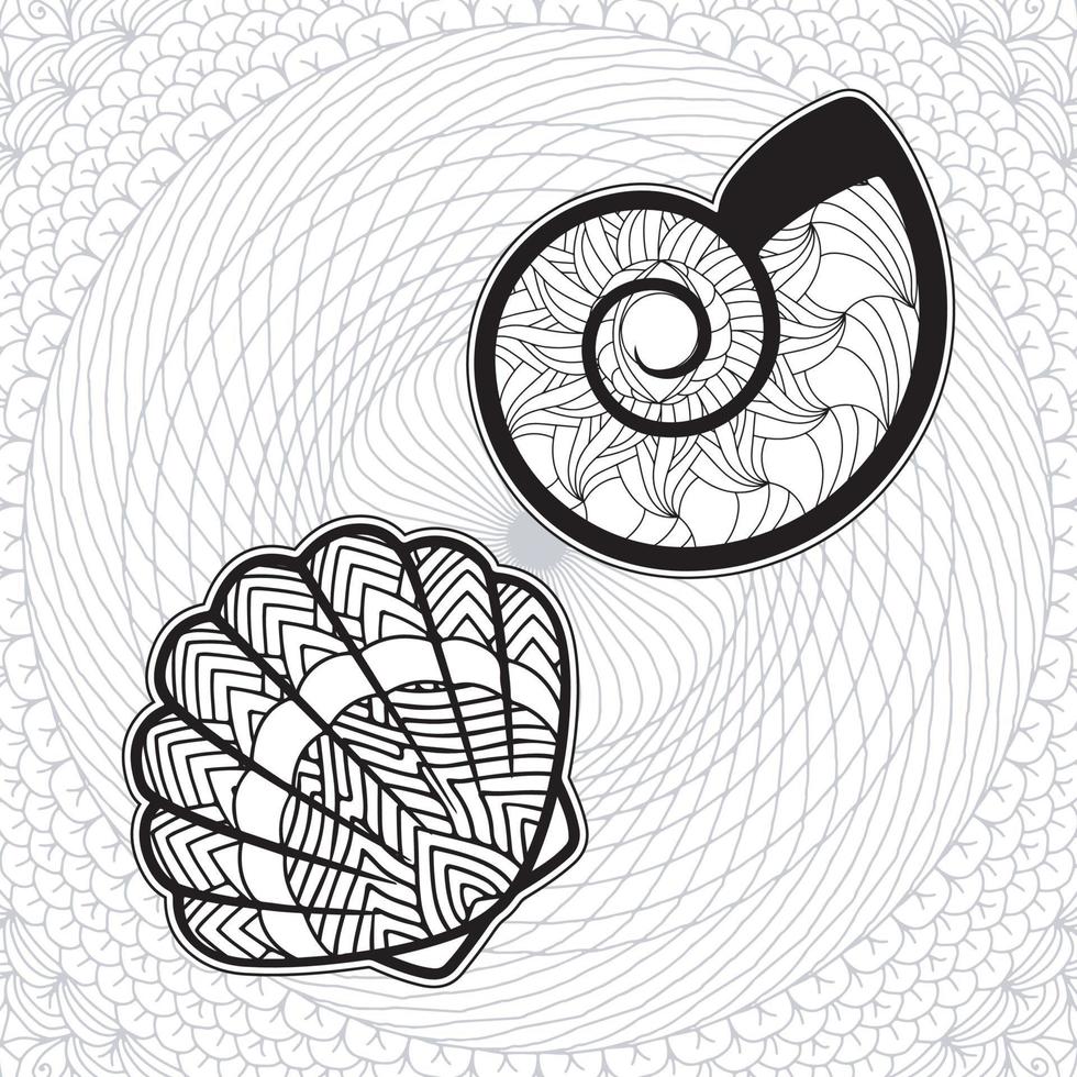 shell coloring page design with mandala background vector