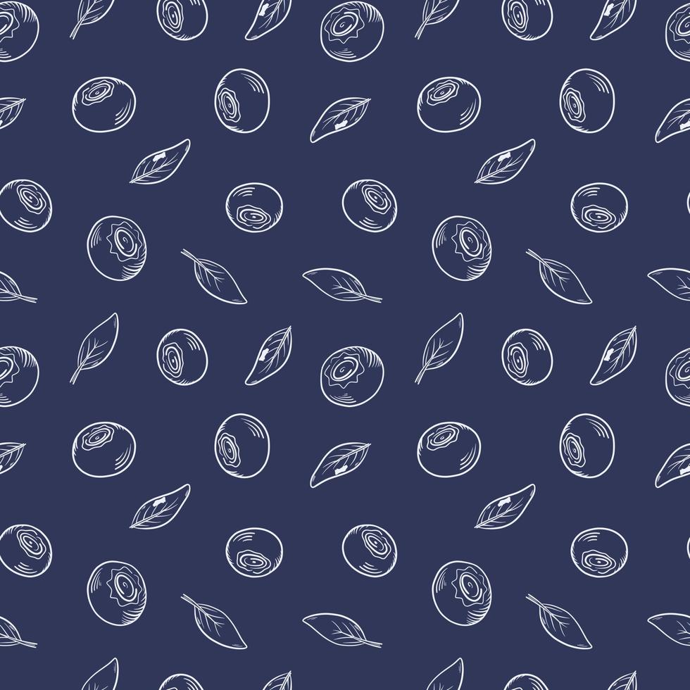 Vector pattern with blueberries. Blueberry berries with twigs of leaves in a hand-drawn style. A sketch with a black line, a collection of berries on a dark background. Botanical illustration