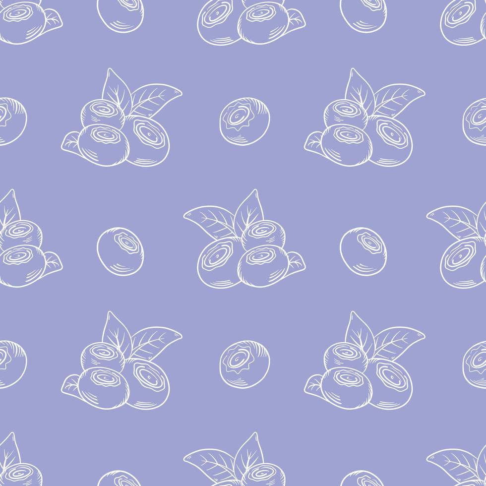 Vector pattern with blueberries. Blueberry berries with twigs of leaves in a hand-drawn style. A sketch with a black line, a collection of berries on a blue background. Botanical illustration