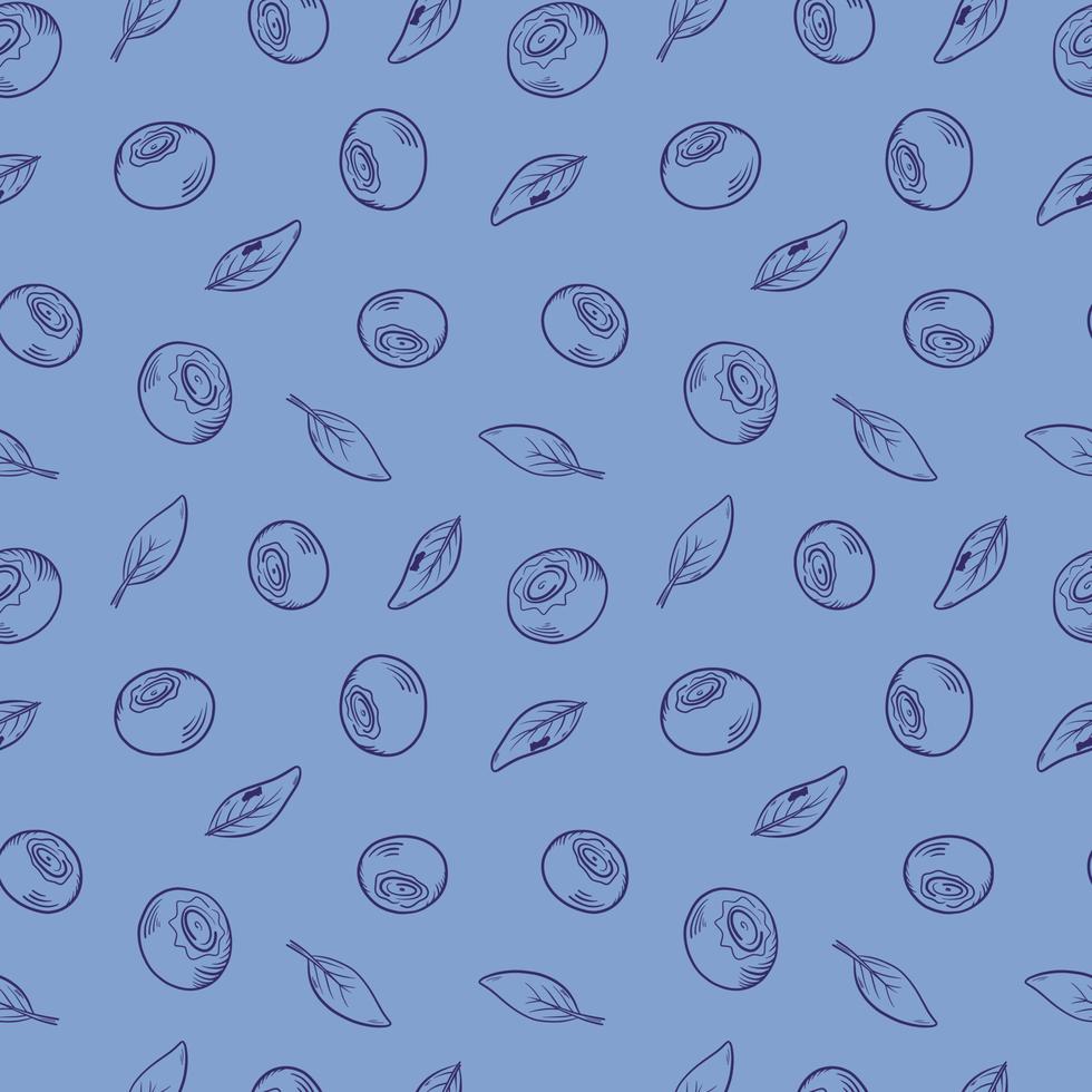 Vector pattern with blueberries. Blueberry berries with twigs of leaves in a hand-drawn style. A sketch with a black line, a collection of berries on a blue background. Botanical illustration