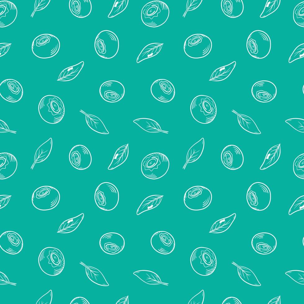 Vector pattern with blueberries. Blueberry berries with twigs of leaves in a hand-drawn style. A sketch with a black line, a collection of berries on a green background. Botanical illustration