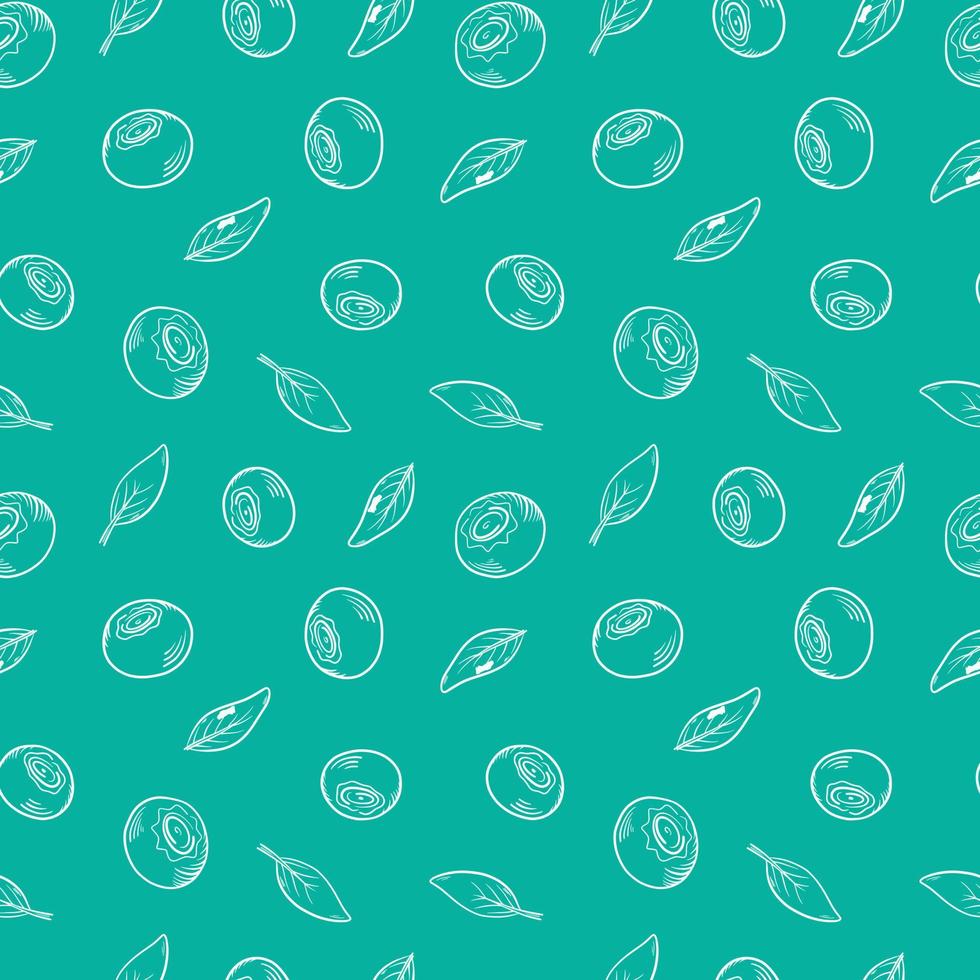 Vector pattern with blueberries. Blueberry berries with twigs of leaves in a hand-drawn style. A sketch with a black line, a collection of berries on a green background. Botanical illustration