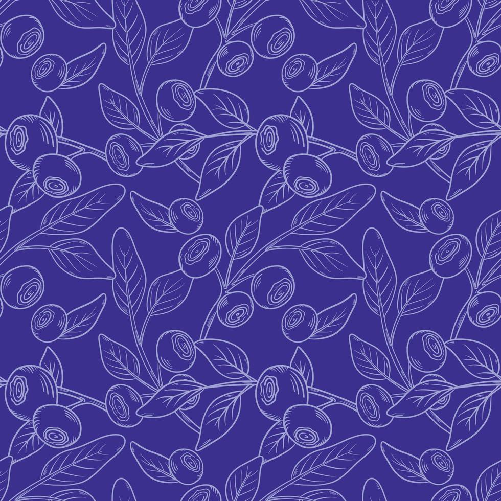Vector pattern with blueberries. Blueberry berries with twigs of leaves in a hand-drawn style. A sketch with a black line, a collection of berries on a blue background. Botanical illustration