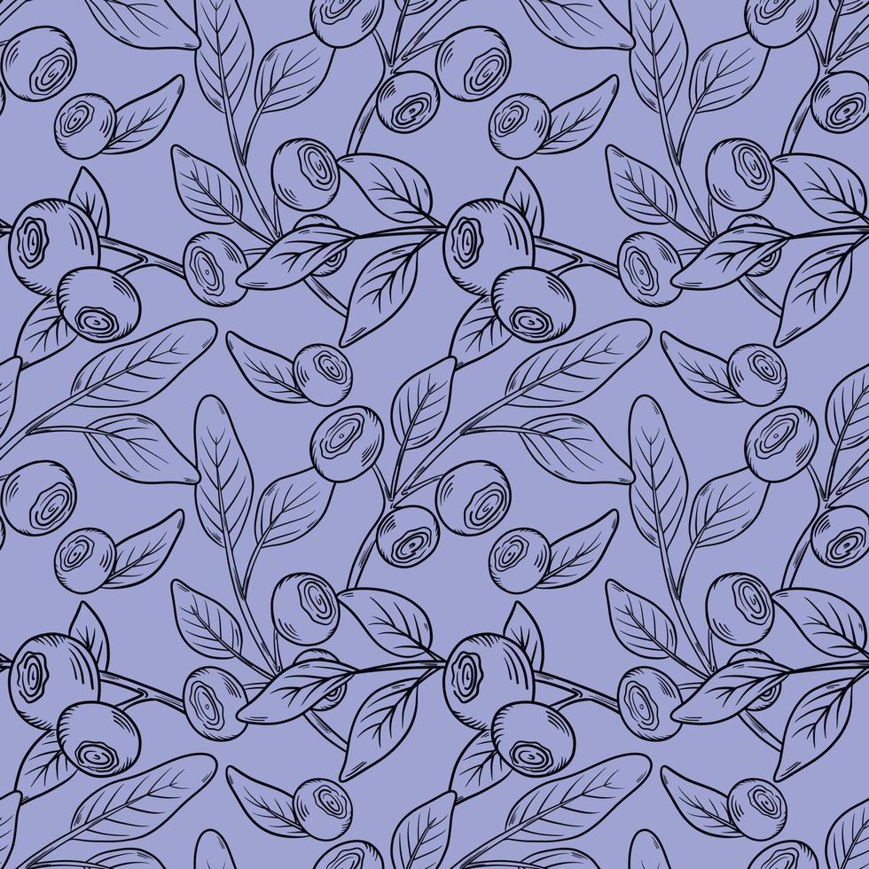 Vector pattern with blueberries. Blueberry berries with twigs of leaves in a hand-drawn style. A sketch with a black line, a collection of berries on a blue background. Botanical illustration