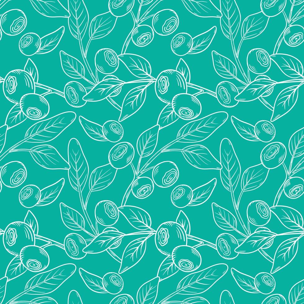 Vector pattern with blueberries. Blueberry berries with twigs of leaves in a hand-drawn style. A sketch with a black line, a collection of berries on a green background. Botanical illustration