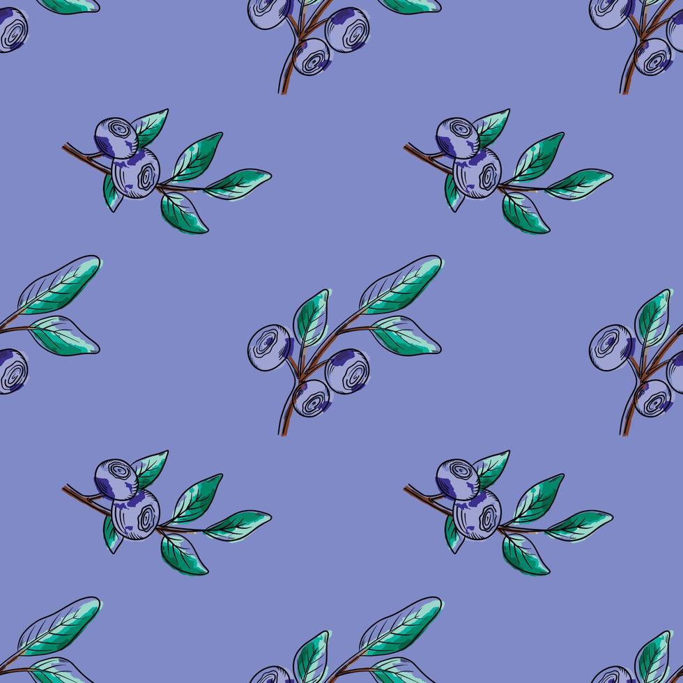 Vector watercolor pattern with blueberries. Blueberry berries with twigs of leaves in a hand-drawn style. Botanical illustration with berries, black line sketch