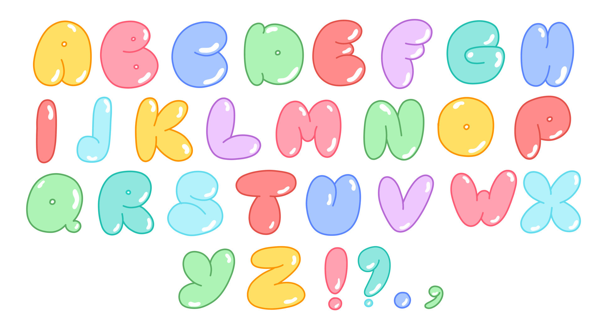 Multicolored alphabet in bubble style, letters and symbols, a modern