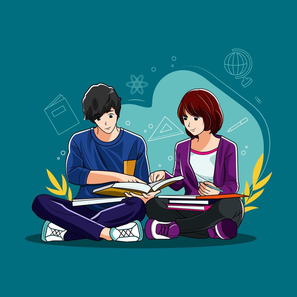 Two students sitting on the floor reading an educational book vector illustration pro download
