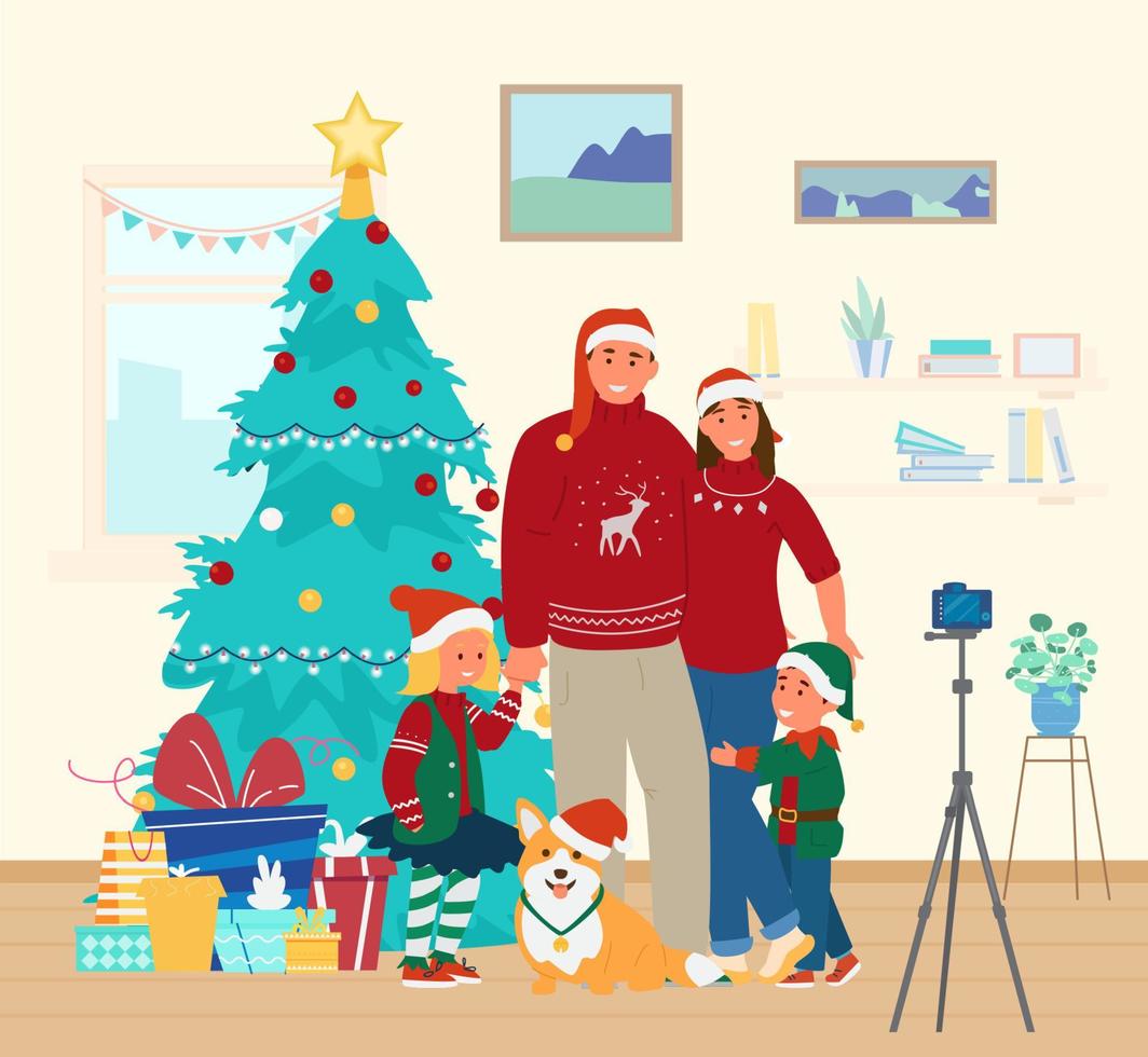 familia feliz con perro en sombreros de santa haciendo selfie cerca del árbol de navidad con regalos. niños disfrazados. ilustración vectorial plana. vector