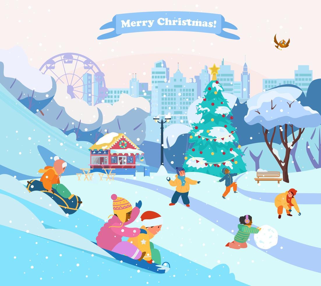 Winter Park Scenery With Children Playing Snowballs, Making Snowman, Riding Snow Tubing. Park Cafe, City Silhouette, Christmas Tree, Snowy Trees. Merry Christmas card. Flat Vector Illustration.