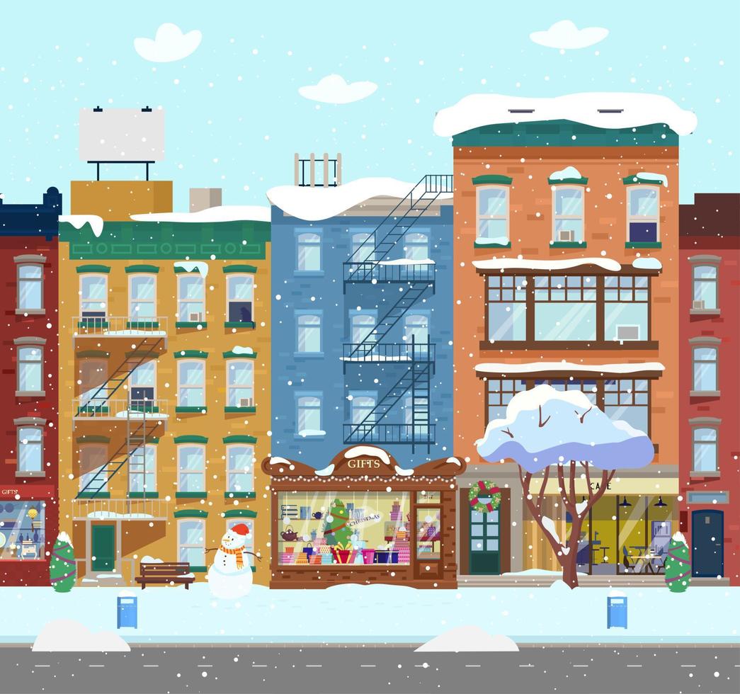 Vector Winter Cityscape With Gift Shop, Cafe and No People. Flat Illustration.