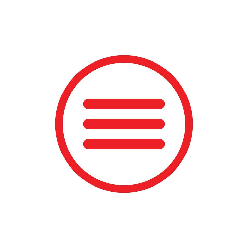 eps10 vector rojo hamburguesa menú barra línea arte icono o logotipo en círculo redondeado grueso aislado sobre fondo blanco
