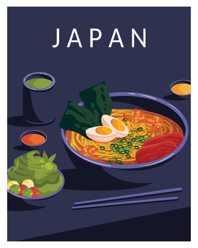 Japan poster with japanese set of food cuisine vector illustration poster, postcard, print.