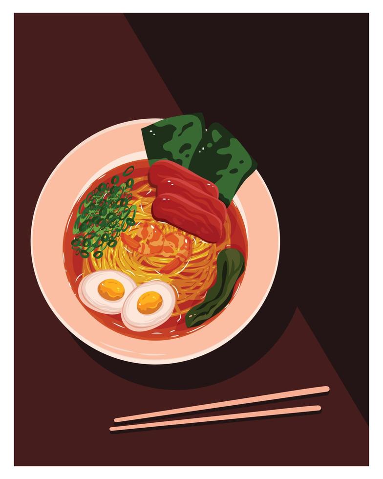 Vector illustration of ramen noodle soup on bowl with minimalist flat style.