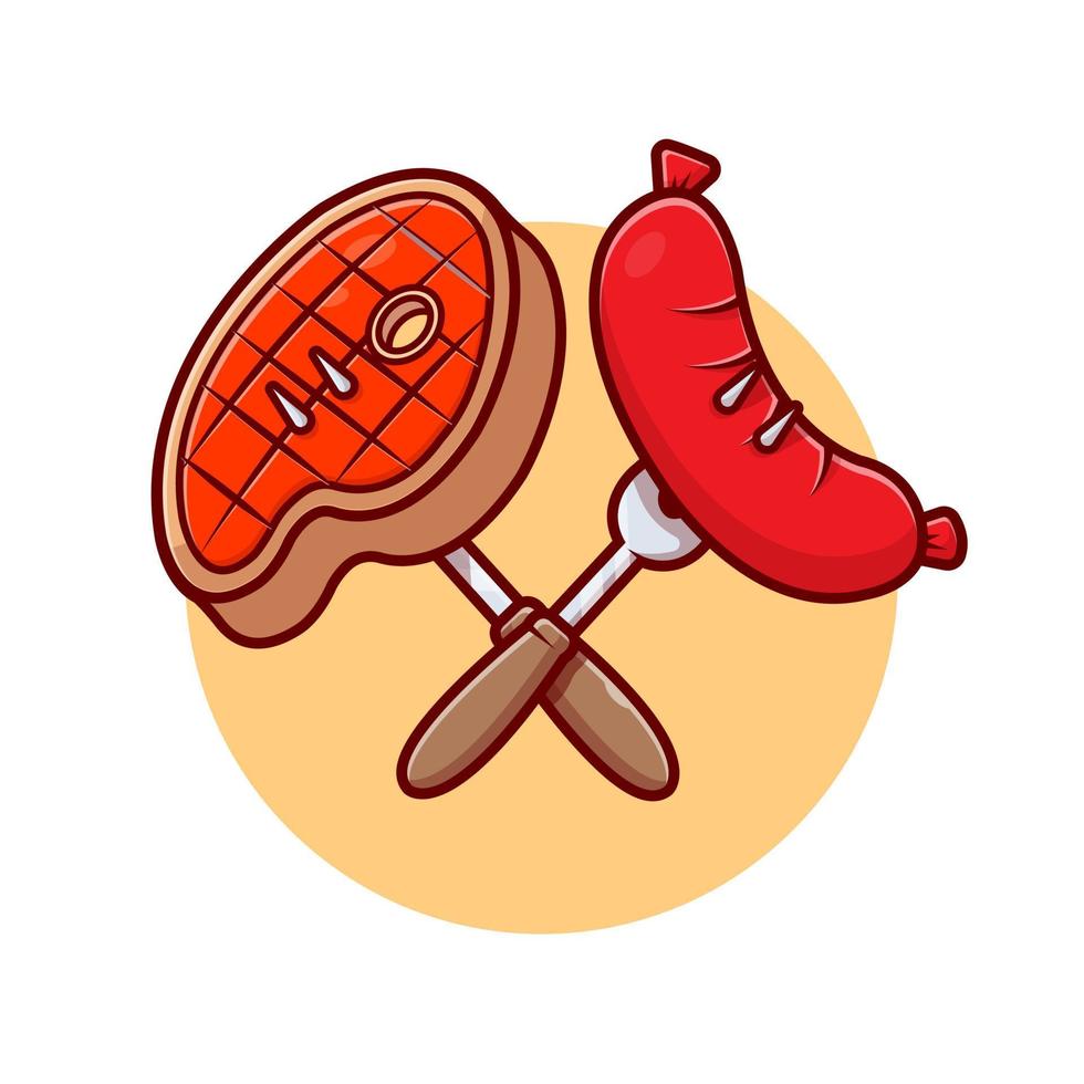 Barbecue Beef And Sausage Cartoon Vector Icon Illustration.  Food Object Icon Concept Isolated Premium Vector. Flat  Cartoon Style