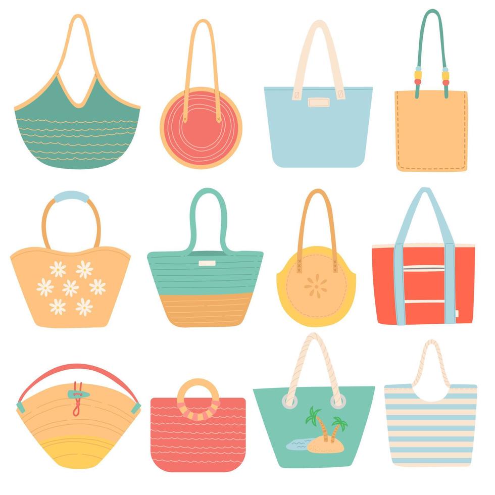 conjunto de bolsos de verano. cosas de playa para viajes de verano. accesorios de vacaciones para vacaciones en el mar. ilustración vectorial plana aislada sobre fondo blanco vector