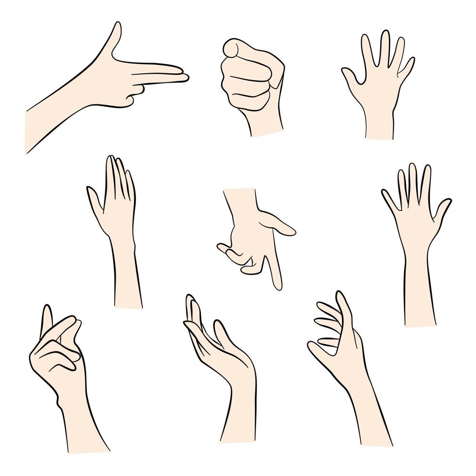 Hands set elements pose with base skin color. Make a symbolic gesture gun, spread out hand, point, flick your finger, giving blessing. Vector illustration.