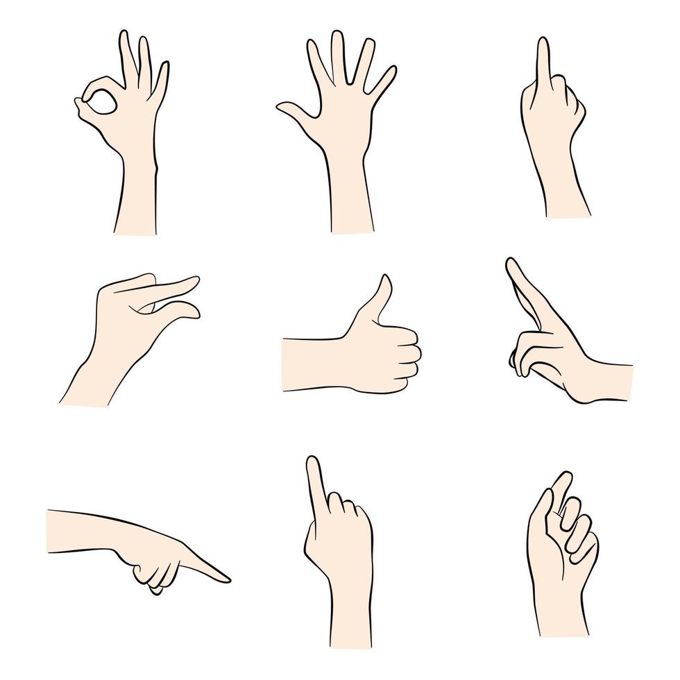 Hands set elements pose with base skin color. Make a symbolic gesture ok, spread out hand, point, hand pinch, great, V sign side facing. Vector illustration.