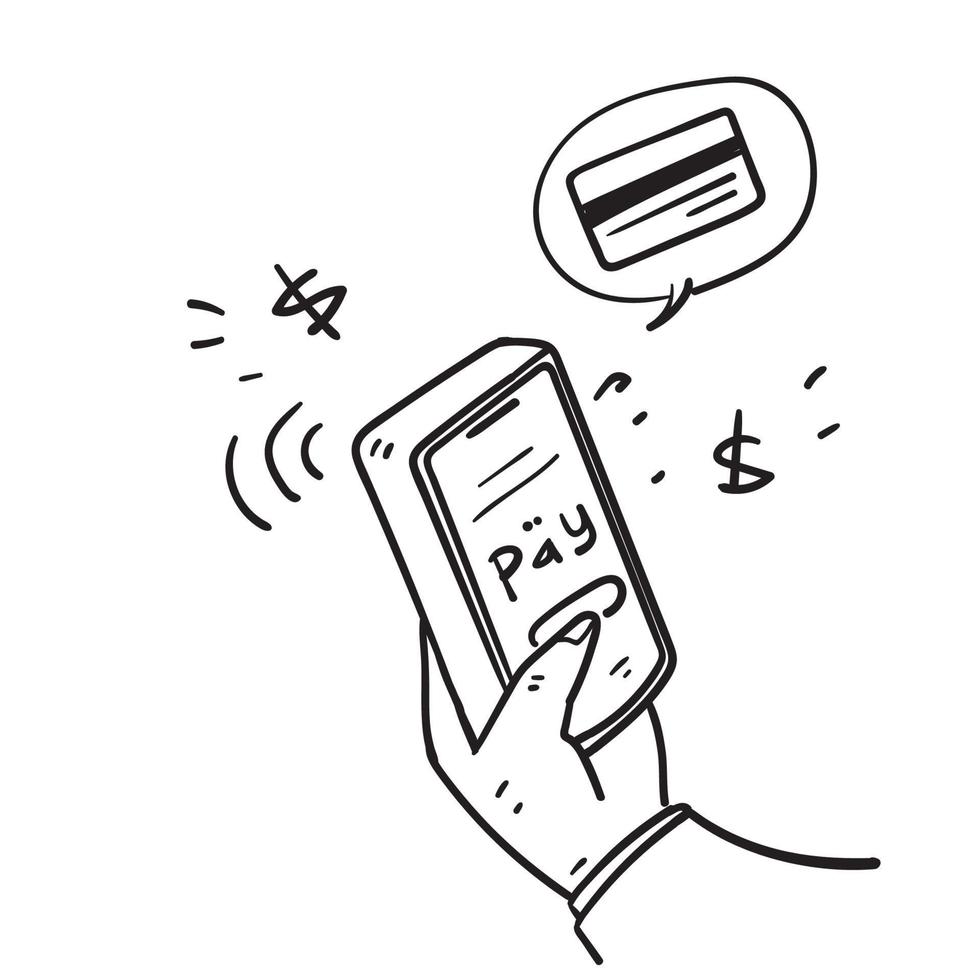 hand drawn doodle pay with credit card on mobile illustration vector