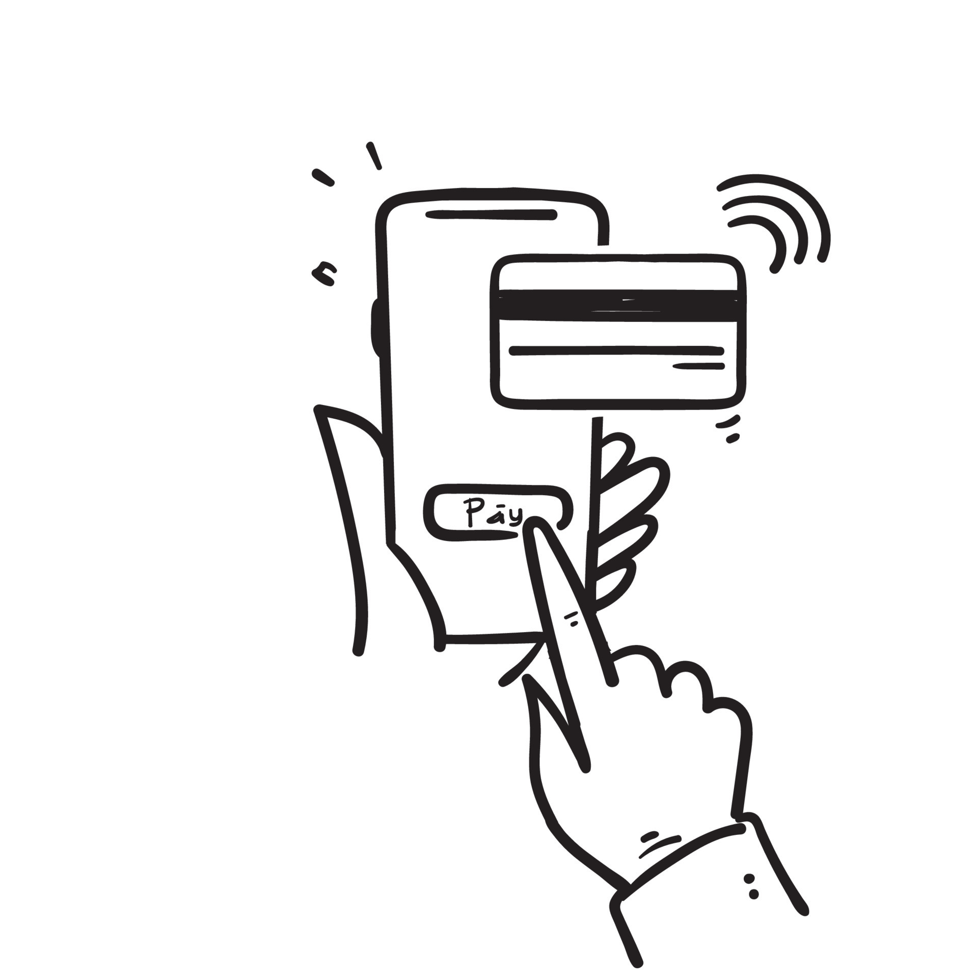 hand drawn doodle pay with credit card on mobile illustration vector ...