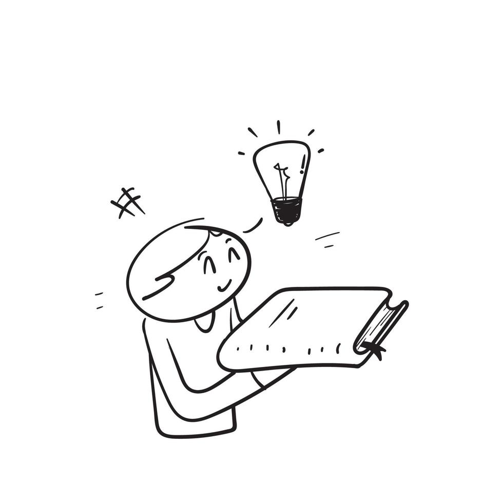 hand drawn doodle character holding book and have idea bulb illustration vector