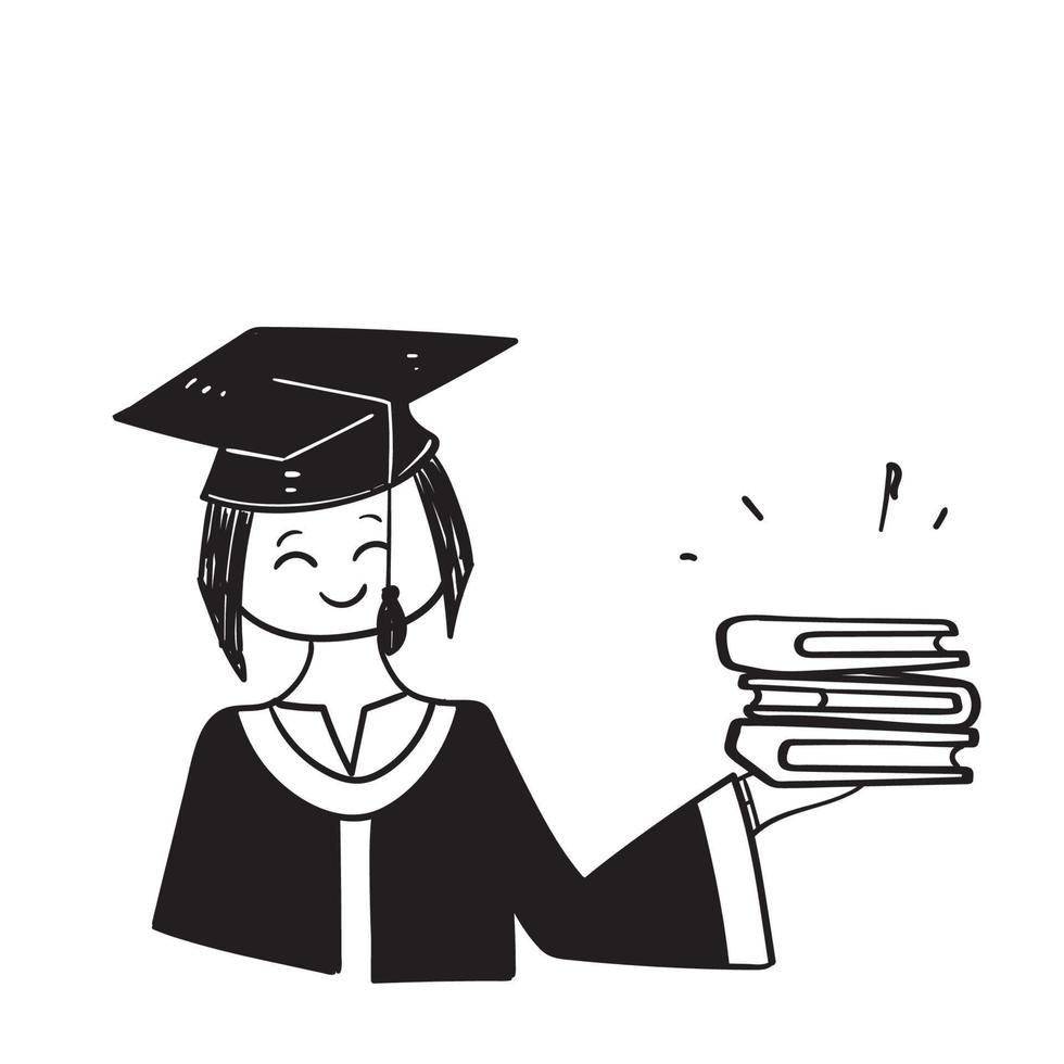 hand drawn doodle person wear graduation gown holding book illustration vector