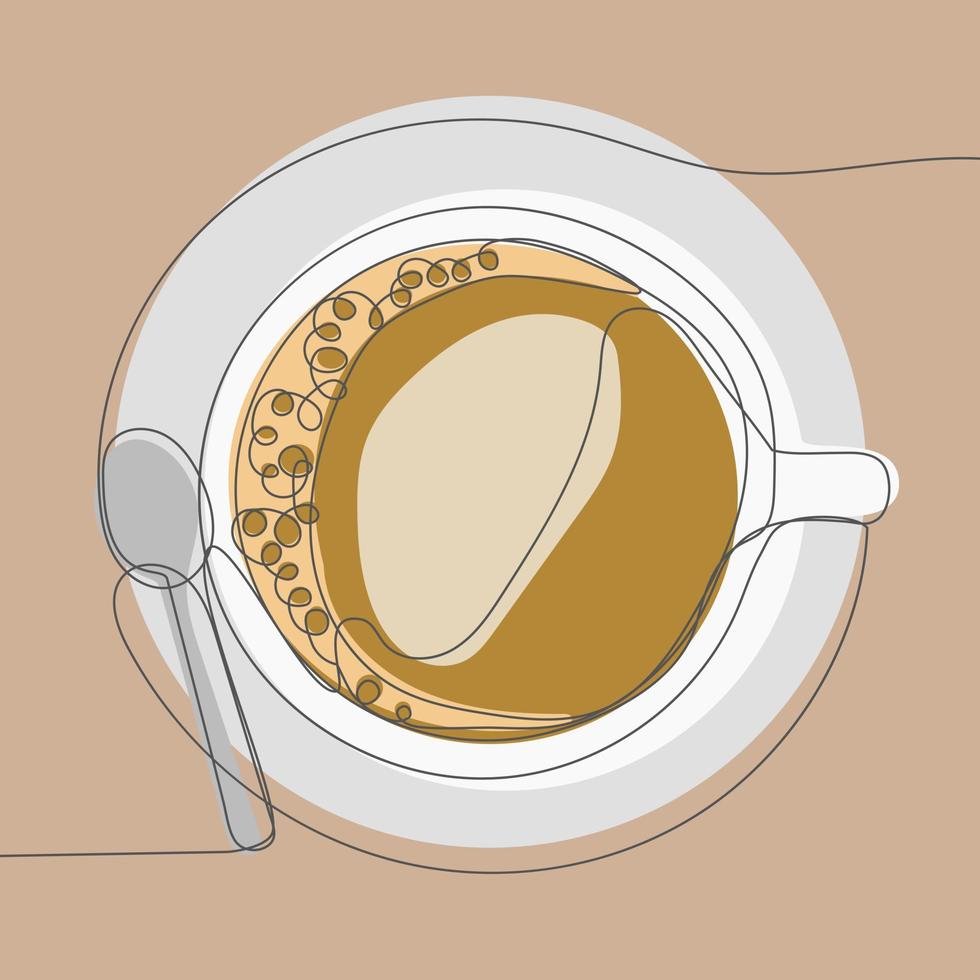 Continuous one line drawing of coffee cup with plate and spoon vector