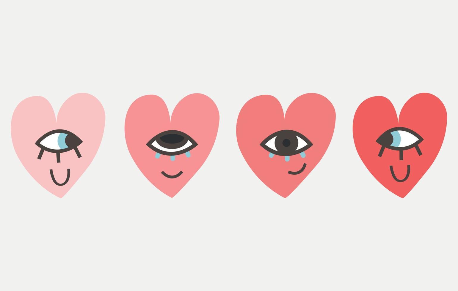 Hearts and funny faces. Love and Valentine's day concept. Isolated hand drawn stickers, icons. Cartoony designs for web and print use. vector