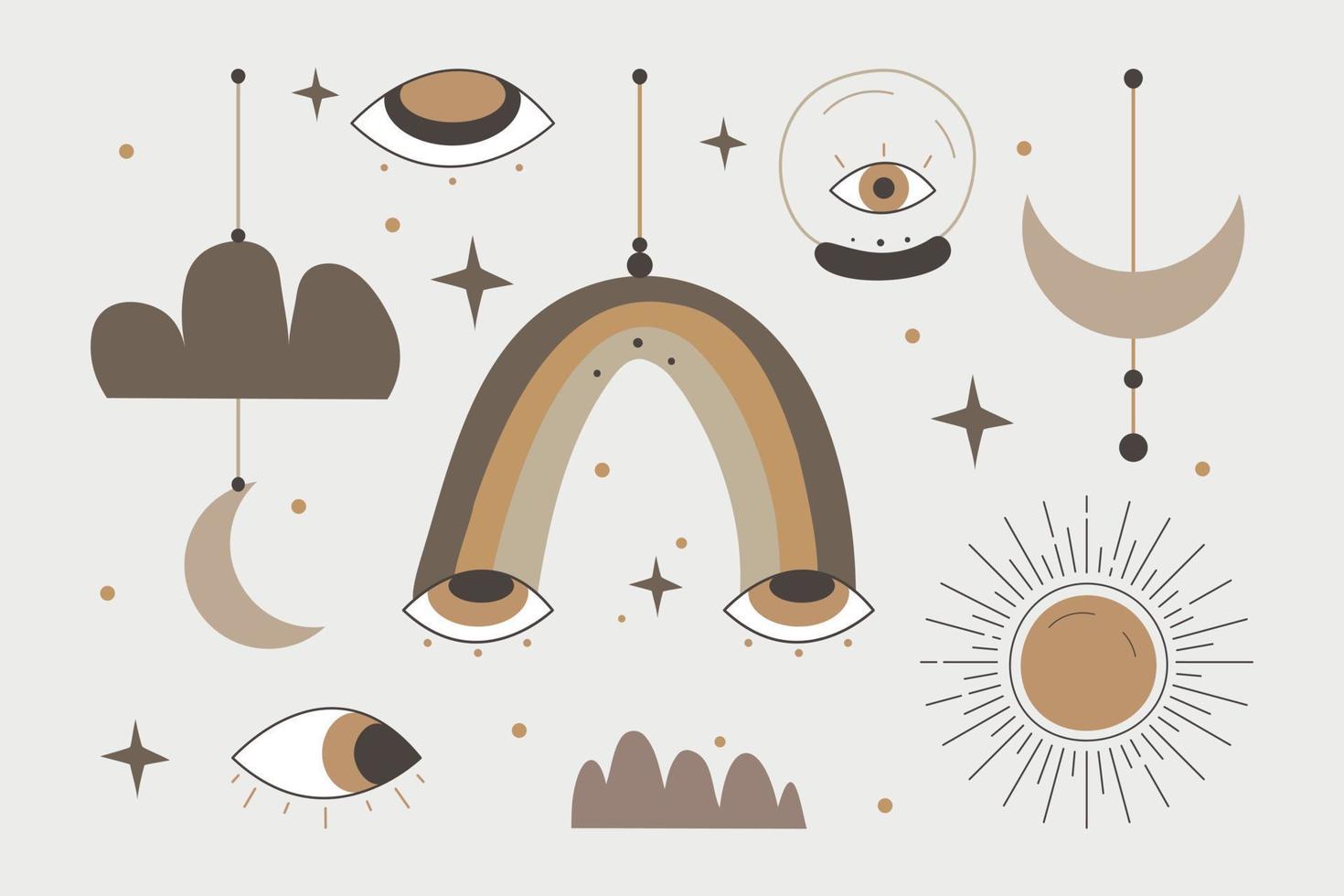 elementos de línea mística. iconos mágicos dibujados a mano garabatos minimalistas objetos misteriosos arco iris, sol, luna, ojos, bola mística, estrellas y nubes. conjunto de elementos de diseño mágico de brujas vectoriales. vector