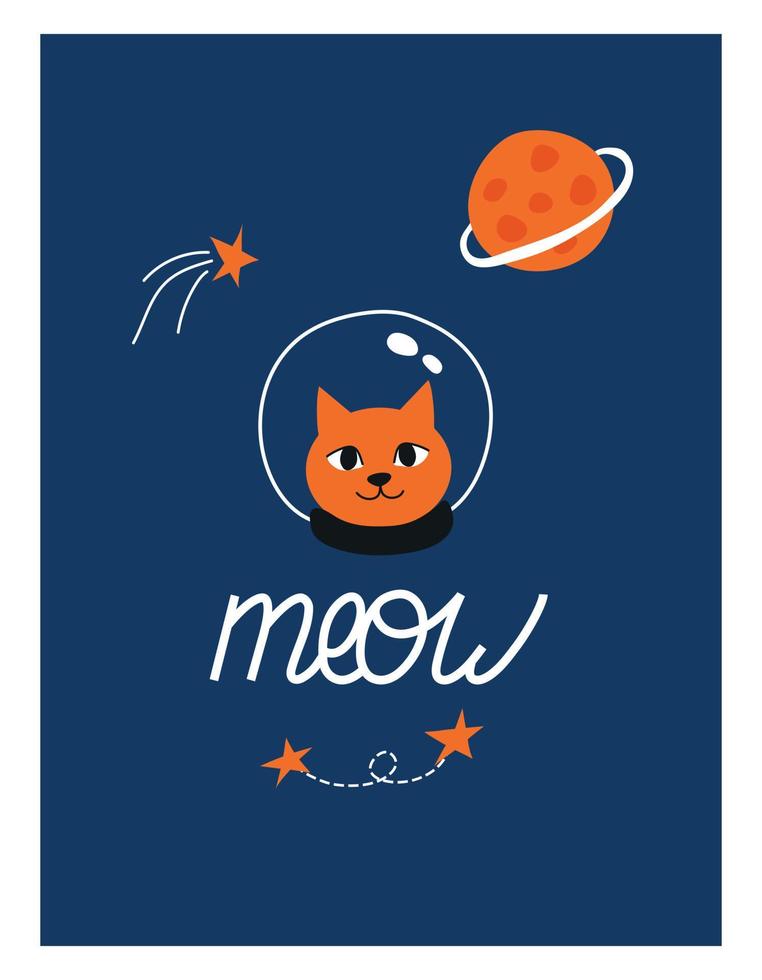 Cartoon colorful stickers character cosmonaut, asteroid, comet and space object vector flat illustration. Cat astronaut on planets and stars isolated on background.