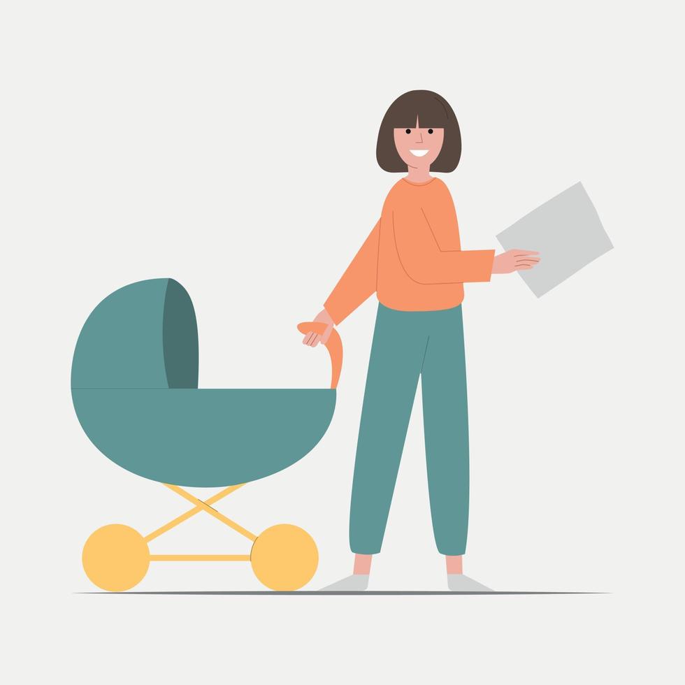 exitosa mujer de negocios con un niño pequeño en el trabajo. mujer de negocios feliz trabajando con un niño recién nacido. ilustración vectorial de dibujos animados plana. vector