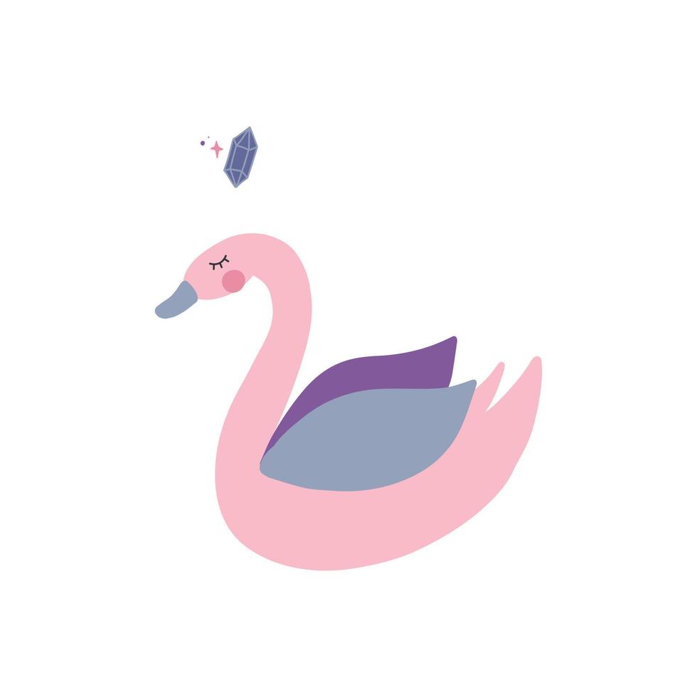 Cute swan in cartoon style on a white background. Vector illustration with a beautiful bird.