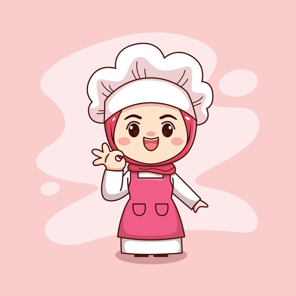 Cocinera linda y kawaii con delicioso letrero dibujos animados manga chibi diseño de personajes vectoriales vector