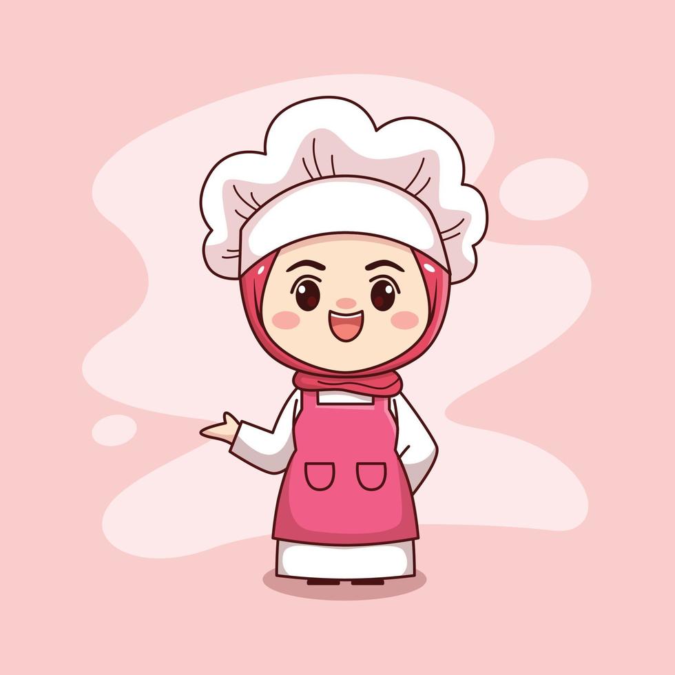 lindo y kawaii chef mujer musulmana vistiendo hiyab dibujos animados manga chibi vector diseño de personajes