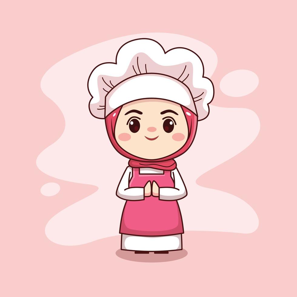 Cute and kawaii muslim female chef wearing hijab cartoon manga chibi vector character design