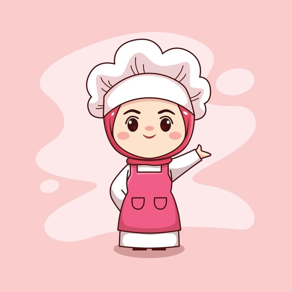 Cute and kawaii muslim female chef wearing hijab cartoon manga chibi vector character design