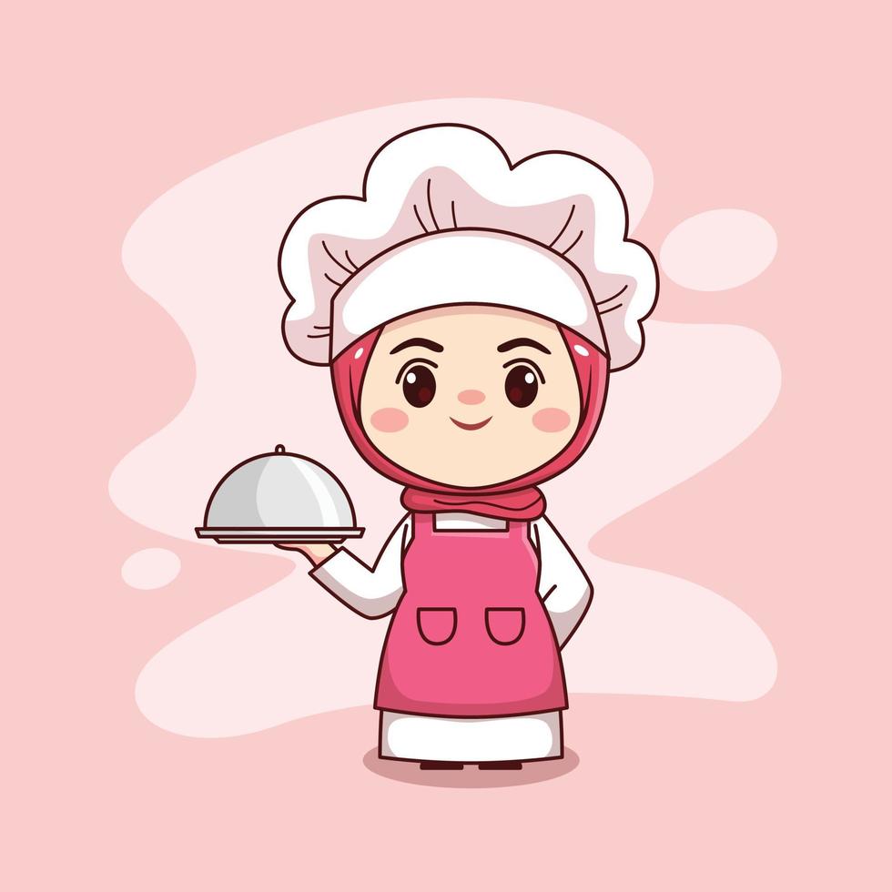 lindo y kawaii chef mujer musulmana vistiendo hiyab dibujos animados manga chibi vector diseño de personajes