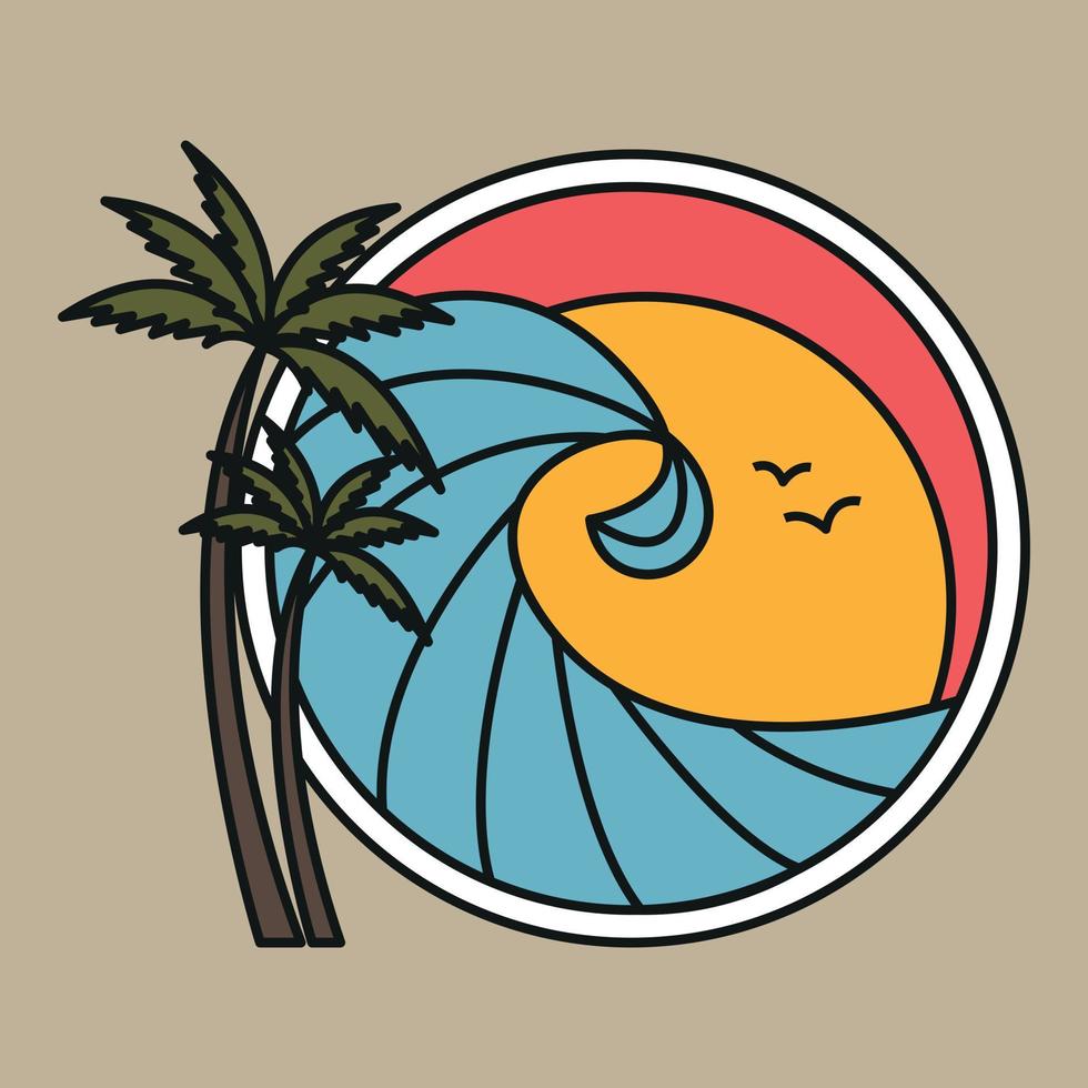 emblema al aire libre con océano, olas y palmeras. parche de estilo hipster inusual. insignia de surf vectorial de estilo de línea. para estampados de camisetas, carteles y otros usos. vector