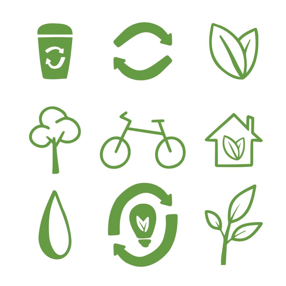 Ecology. Eco icon set. Contains icons such as recycling, eco house, renewable energy and much more. Hand-drawn icons vector