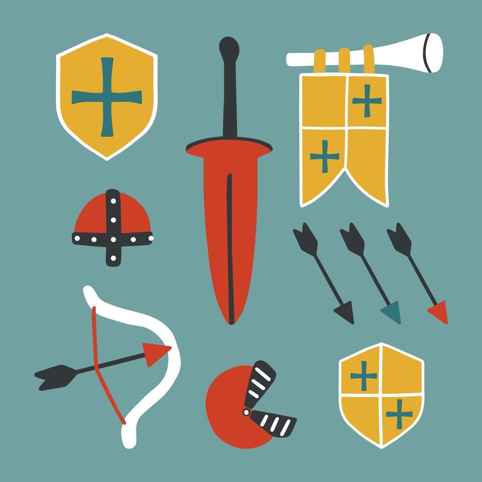 Medieval elements helmets, shields, bows and arrows, sword, horn. vector