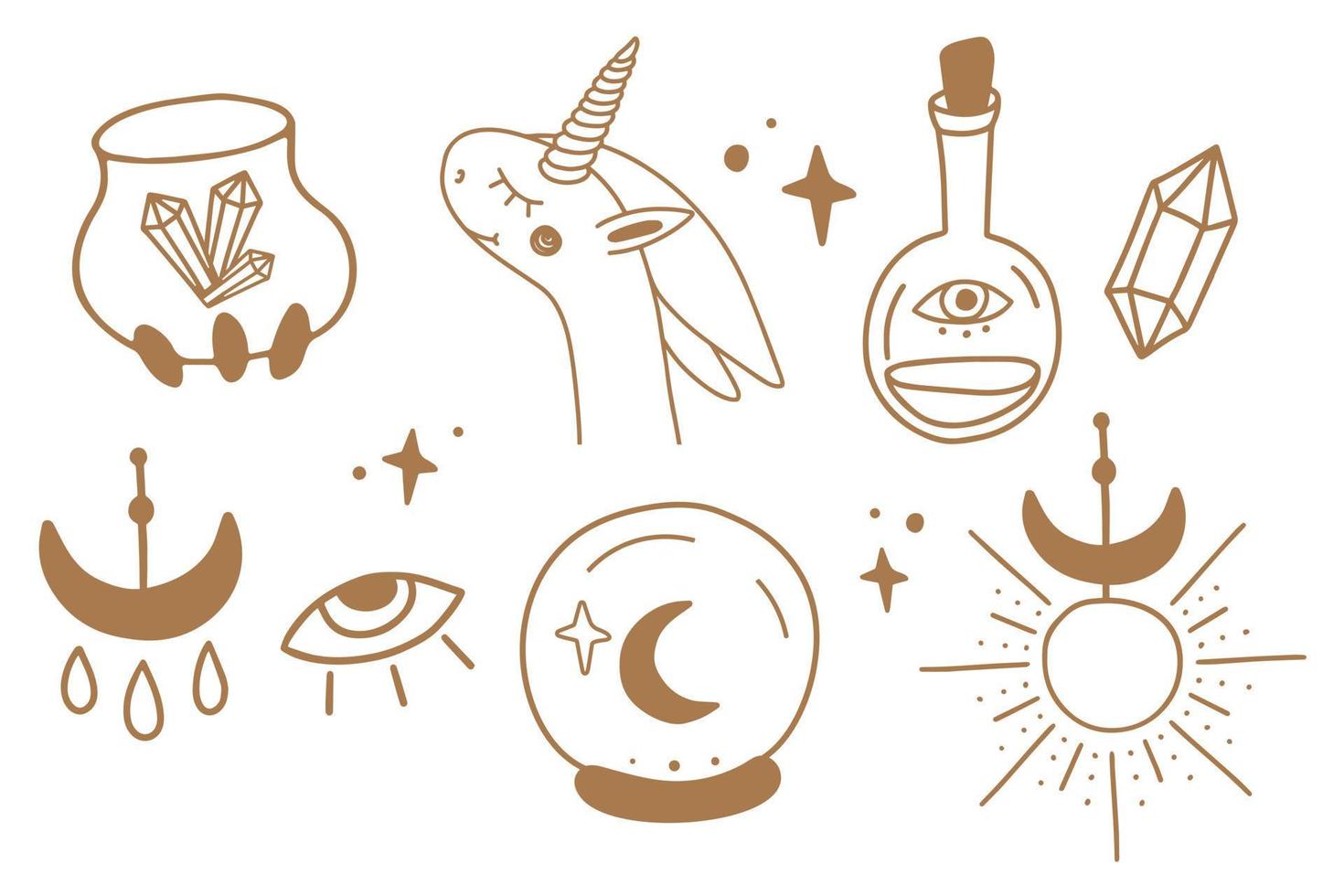 Sacred witch and mystical symbols in vector with sun, crystal, moon, eye, potion bottle, cauldron with crystals, unicorn, magic ball.